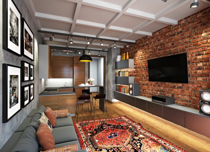 loft kitchen with living room