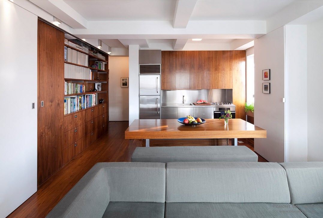 kitchen and living room in a studio apartment