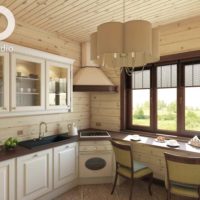 variant of the unusual decor of the kitchen in a wooden house photo