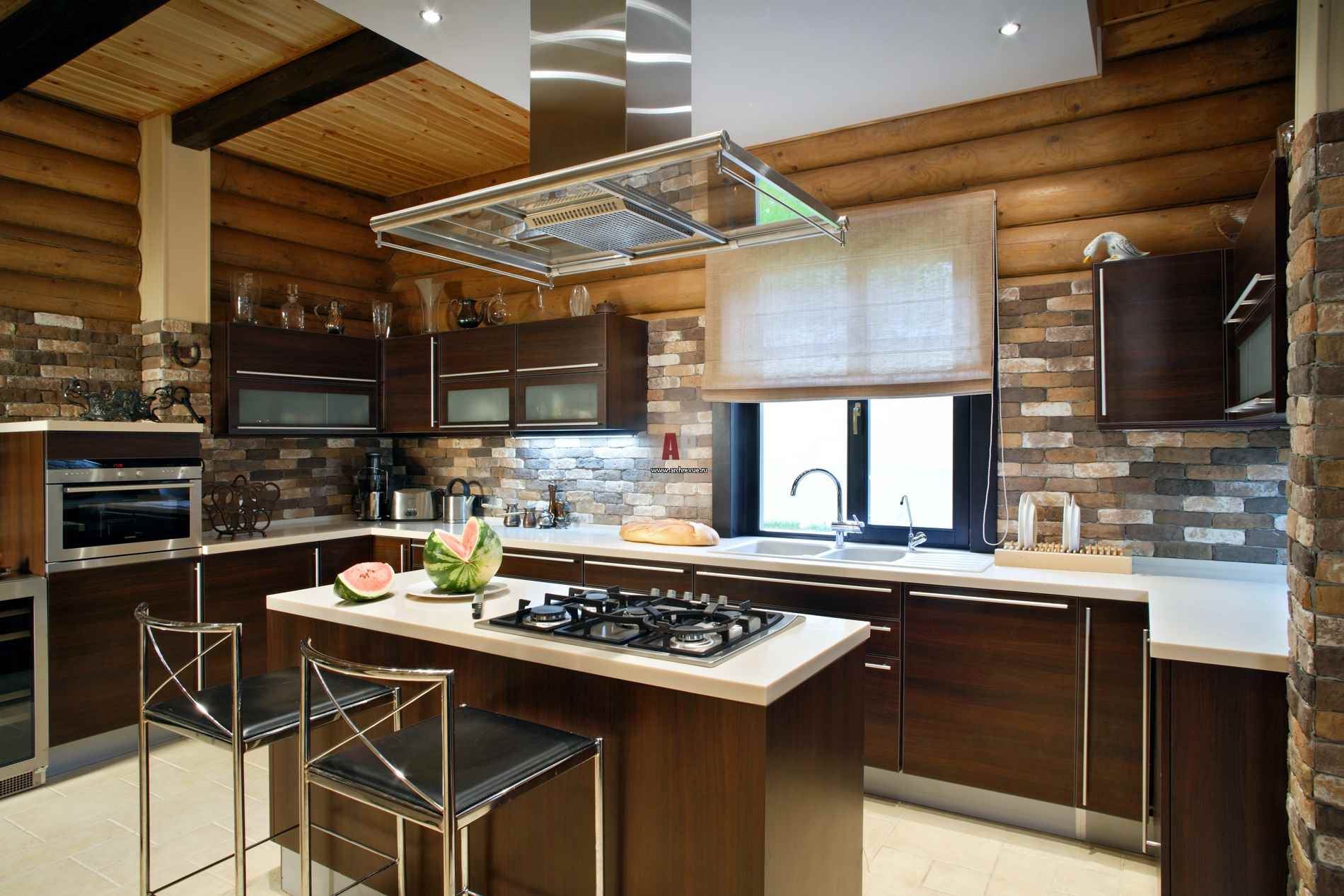 variant of the unusual design of the kitchen in a wooden house