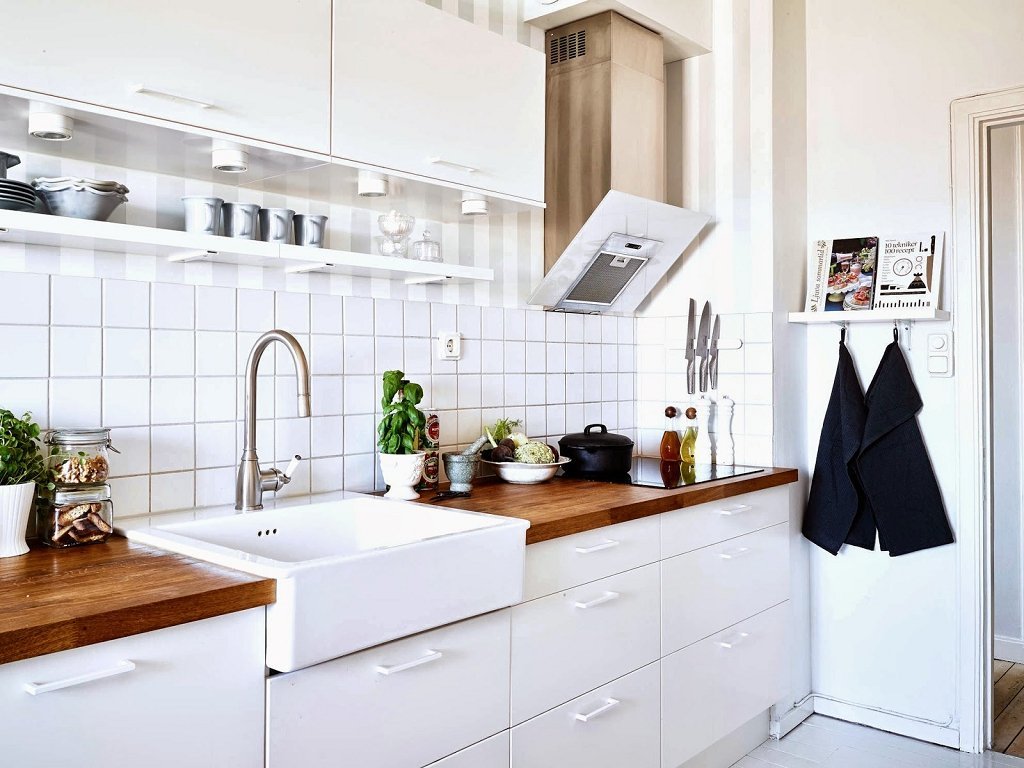 white tile in the kitchen