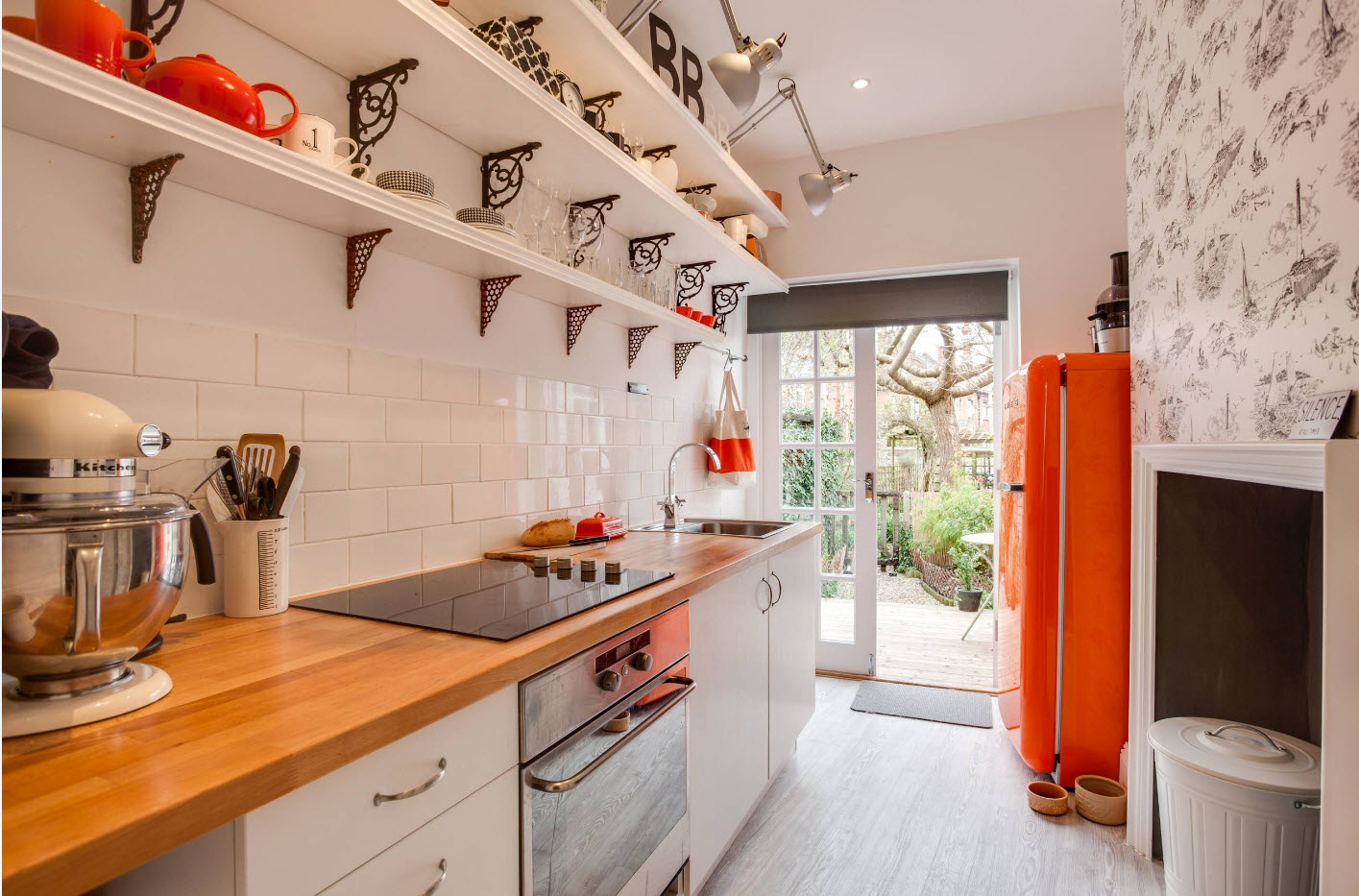 kitchen interior without upper cupboards with shelves