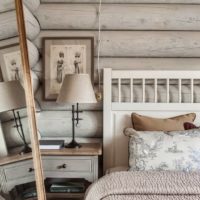 bedroom in a wooden house interior