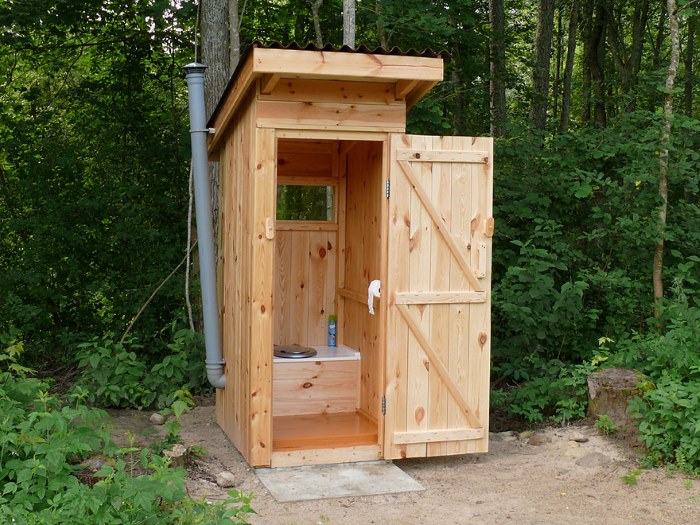 Outdoor wooden toilet with open door