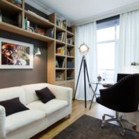 Book shelves over a living room sofa