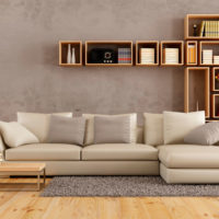 Shelves with books and cassettes over the sofa