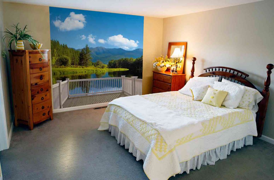 Zidni mural s vegetativnim krajolikom u dizajnu spavaće sobe