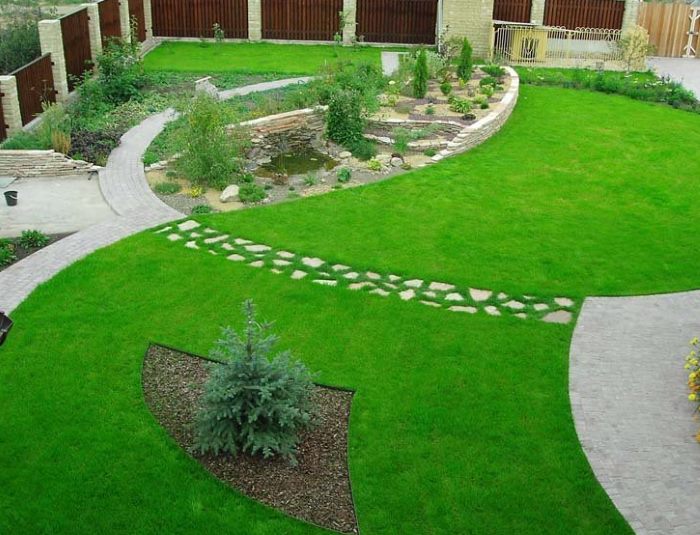 Lawn in the landscape of the garden on a plot of 10 acres