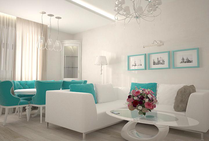 Living room interior in bright colors and bright pieces of furniture.