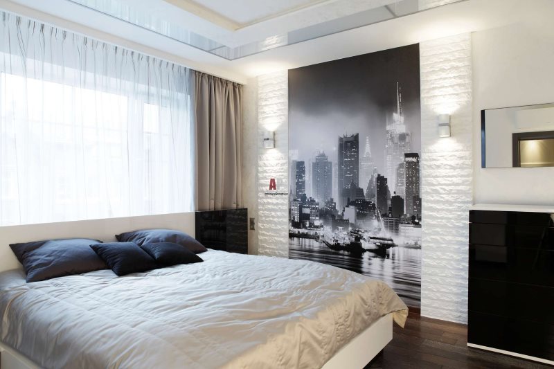 Wall mural with retro style city on bedroom wall