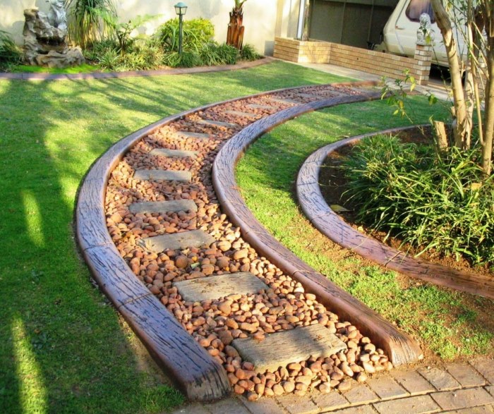 Small stone garden path with wooden borders