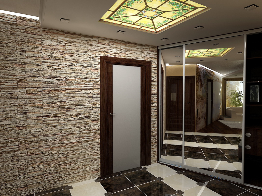 Facing with decorative stone wall in the hallway and mirror cabinet