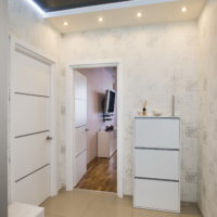 Entrance hall with dark ceiling and light walls.