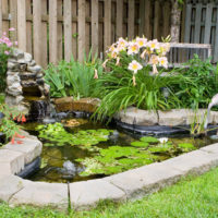 A pond with a waterfall near a wooden fence