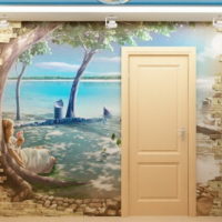 Wall decoration of the hallway with photo wallpaper and stone