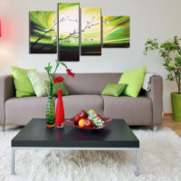 Interior of a living room with a panel above the sofa