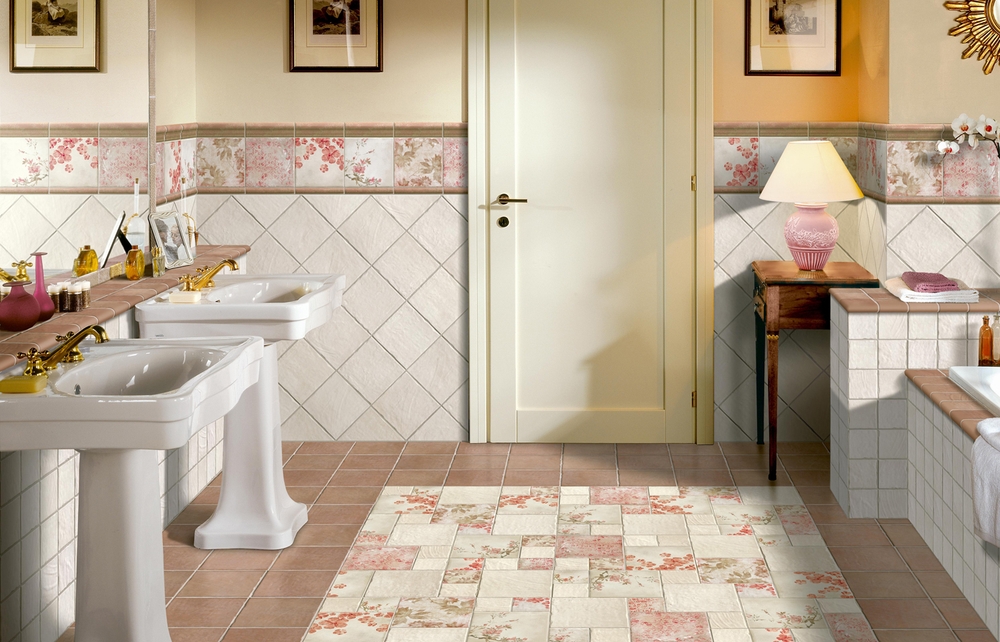 Tiled floor in the bathroom of a Provence-style country house