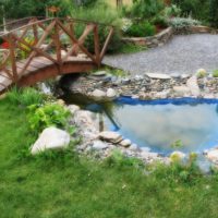 Pond and wooden bridge in the garden