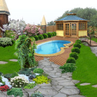 Blue water pool in front of the garden gazebo