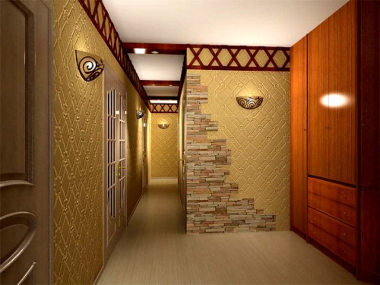 The combination of stone with wallpaper when decorating the walls of the hallway