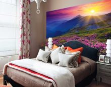 Sunset over the mountains in the bedroom with photo mural