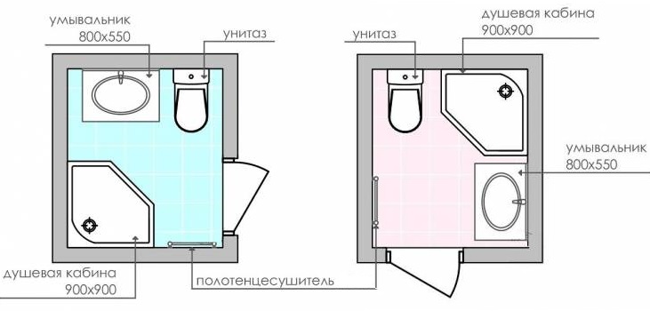 Layouts of a compact bathroom with a shower in the corner