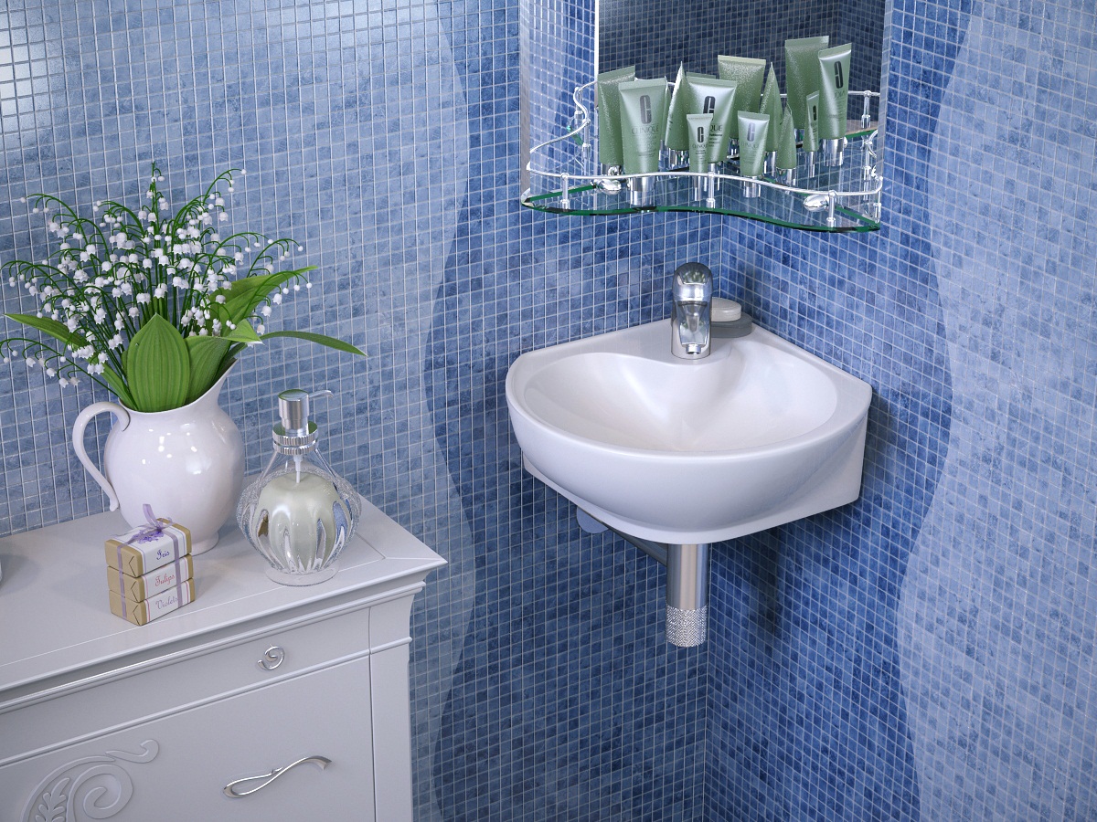 Compact corner bathtub in the interior of the combined bathroom