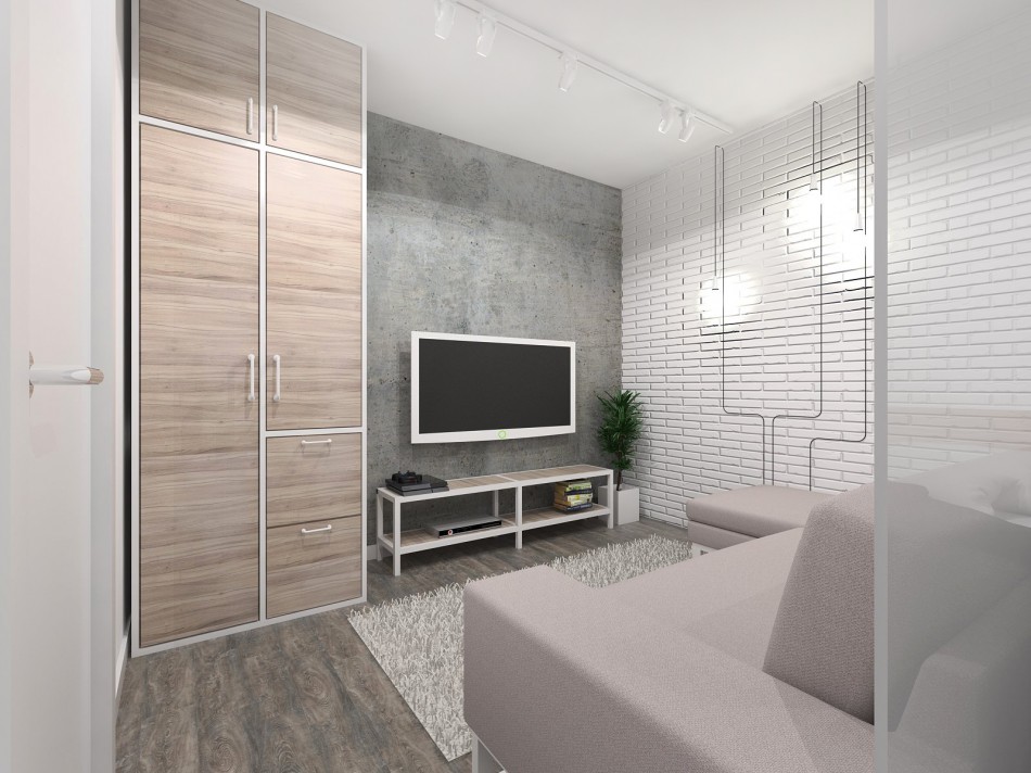 White brick wall in the design of a studio apartment