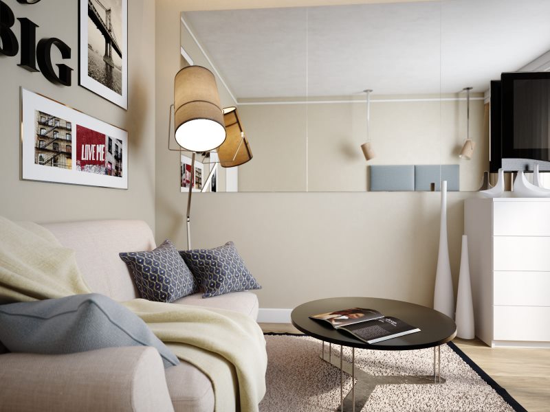 Beige interior and floor lamp with spotlights