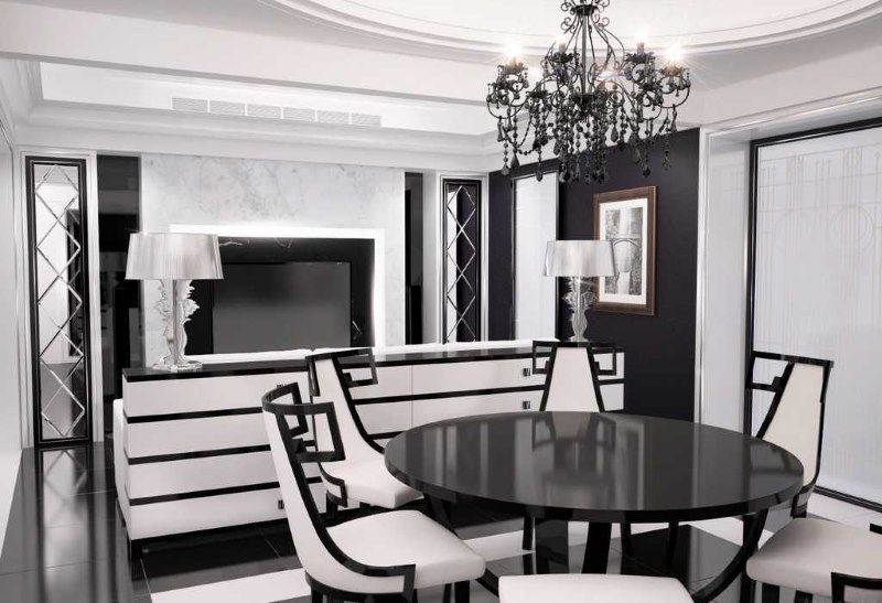 Cuisine-salon design en noir et blanc