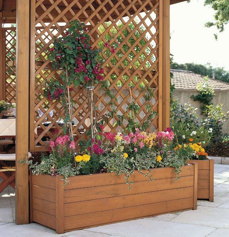 Coffret à fleurs contre le mur d'une tonnelle en bois