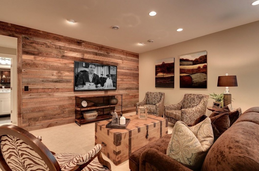 Wall in living room with wooden wallpaper