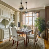 Wooden dining table in the living room kitchen