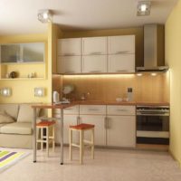 The linear layout of the kitchen-living room