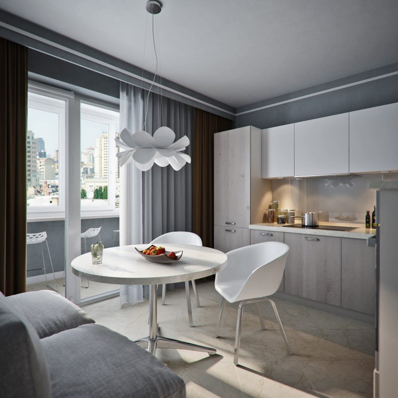 Kitchen design with gray ceiling and work area lighting