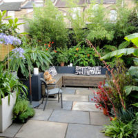 Registration of a country courtyard with plants in tubs