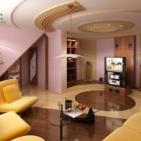 Layered ceiling in the design of the living room