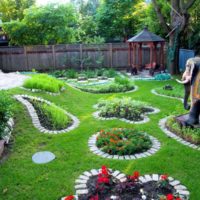 Garden flowerbeds with brick borders