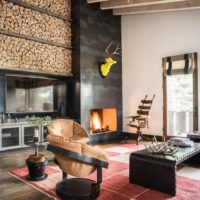 Wood and stone in the living room interior