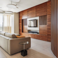 Living room wall with natural wood paneling