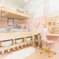 Wooden bunk bed in the children's bedroom