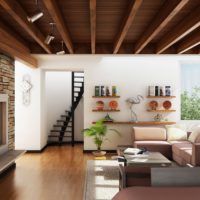 Wooden ceiling and stone fireplace in the living room interior