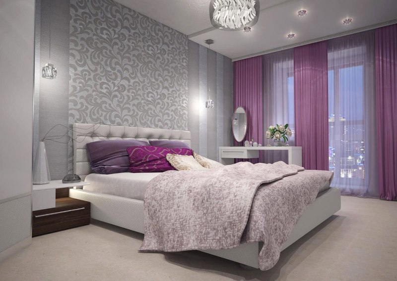 Interno appartamento camera da letto grigio-viola di un appartamento di città