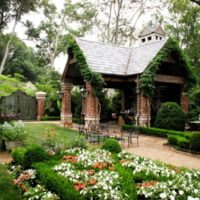 Open-type brick gazebo in the country