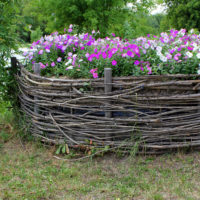 Letto in vimini con petunie in fiore