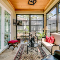 Country living room interior with panoramic windows