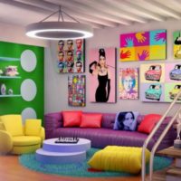 Living room with colorful pillows in pop art style.