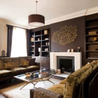 Dark brown walls in the living room interior