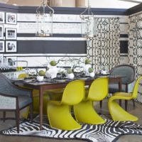 Modern living room with striped wallpaper.