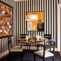 Dining table in front of a striped wall